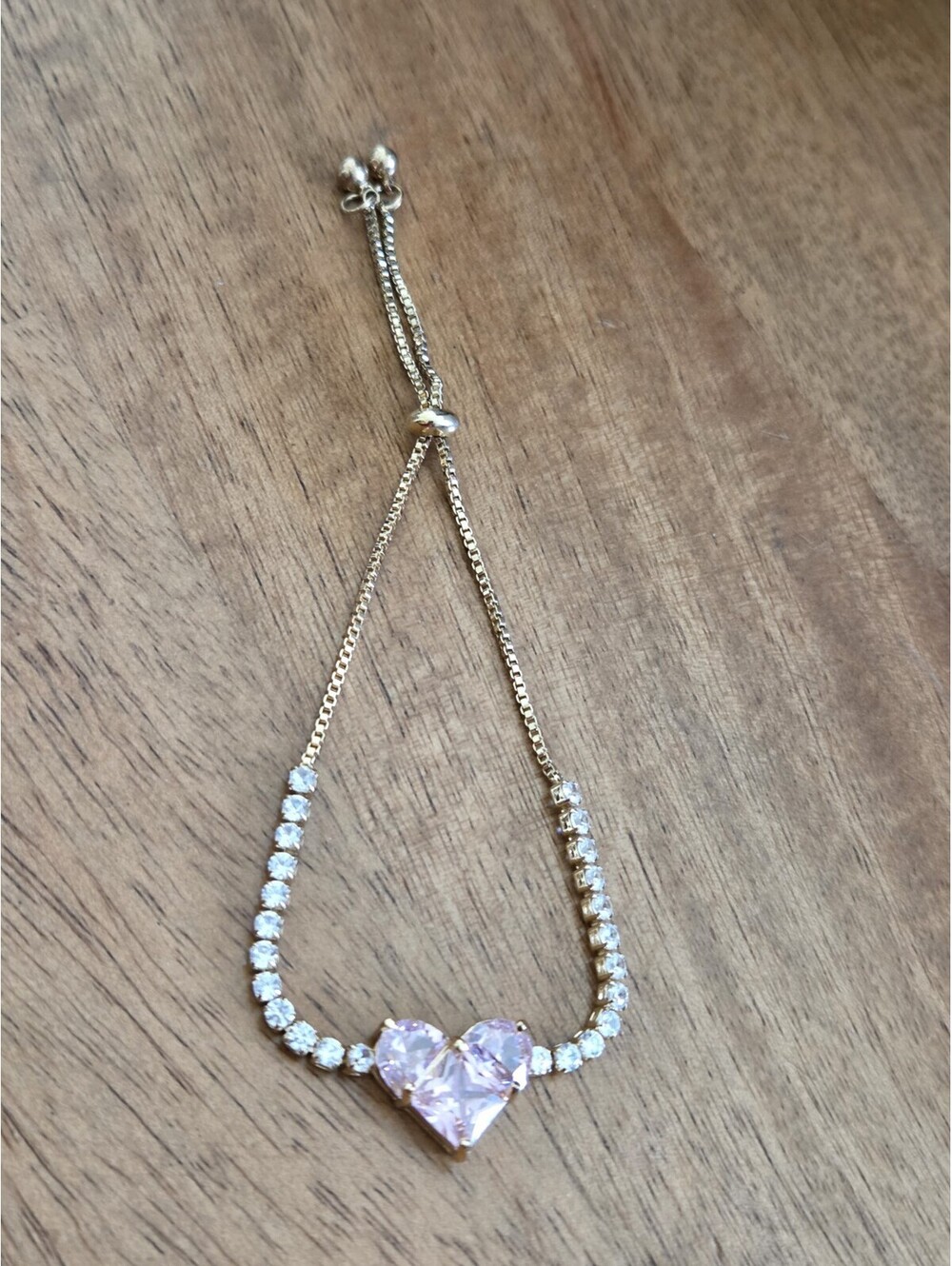 Pink Heart Tennis Bracelet Adjustable Slider Gold Tone Rhinestone Crystal